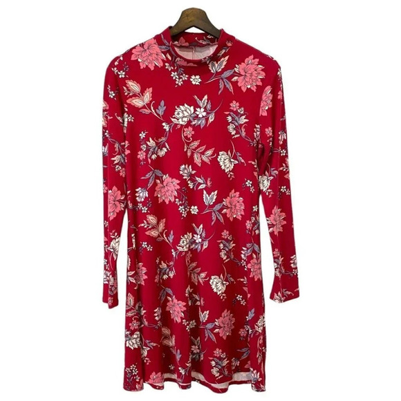 Rebel Sugar M Floral  Mock-Neck Long Sleeve Red Floral Print Dress with flare - Picture 3 of 17